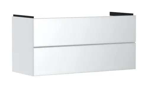 Weißer Waschtischunterschrank mit zwei Schubkästen. Die Oberfläche ist glatt, ergänzt durch eine schwarze Blende oben. Produkt von Hansgrohe.